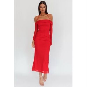 Valentine NWT Boutique Rouge Off-Shoulder Halter Mesh Maxi Dress – Red